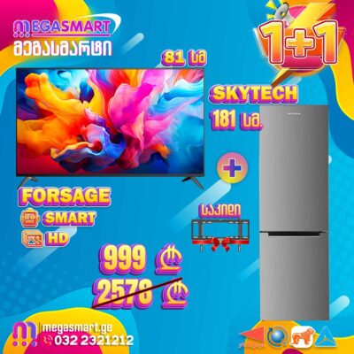 მაცივარი 181სმ SkyTech SRFG7057DI და ტელევიზორი 81სმ Forsage 32T8 საკიდი საჩუქრად