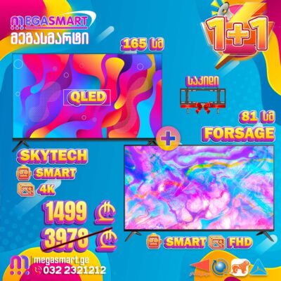 ტელევიზორი 165სმ SkyTech 65Q9300 სმარტი 4K ანდროიდი QLED საჩუქრად კედელზე საკიდი და ტელევიზორი 81სმ Forsage 32T8 სმარტი
